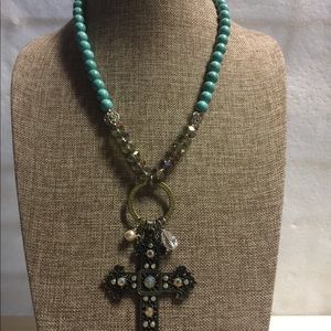Turquoise Beaded Necklace with Rhinestoned Cross